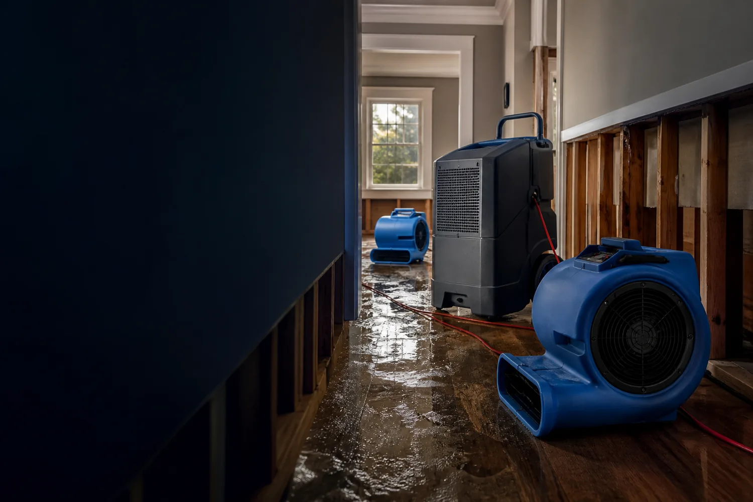 Professional drying equipment beside opened water-damaged walls