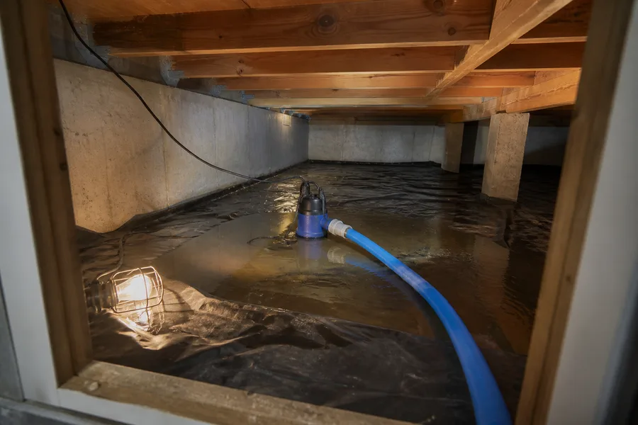 Pump removing pooled water from beneath a residential crawlspace
