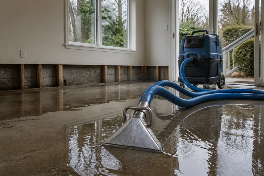 Water extraction equipment removing standing water from a home