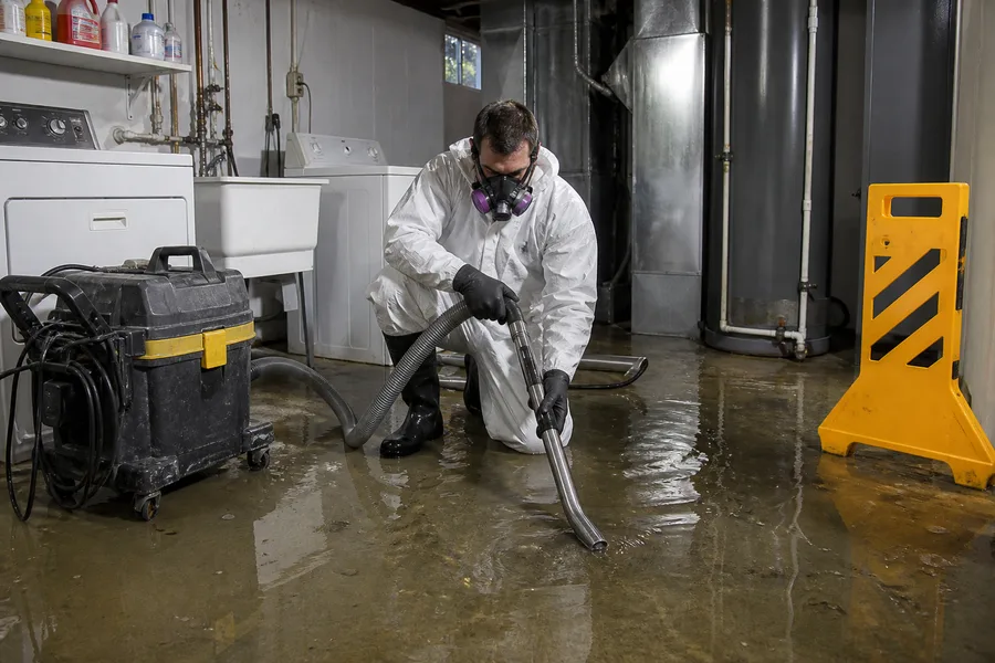 Remediation technician in protective equipment cleaning contaminated flood water