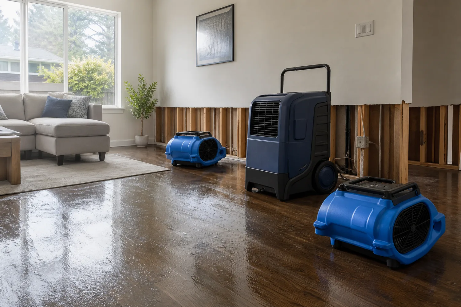 Air movers and a dehumidifier drying a water-damaged room